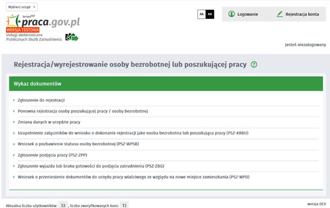 Po wybraniu w menu głównym kafelka Zgłoszenie oferty pracy, stażu i praktyk lub Zatrudnianie cudzoziemców dostępna jest również