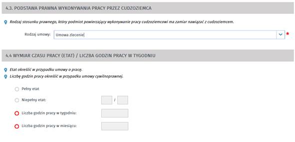 Na formularzach wniosków: PSZ-OPWP i PSZ-OPWPA w sekcji 3 Informacje dotyczące pracy powierzonej cudzoziemcowi jeśli w polu Rodzaj umowy stanowiącej podstawę wykonywania pracy przez cudzoziemca