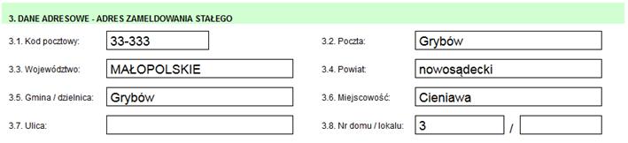 DANE ADRESOWE ADRES ZAMELDOWANIA STAŁEGO. Widok wizualizacji HTML obszaru 3. DANE ADRESOWE ADRES ZAMELDOWANIA STAŁEGO po zmianie etykiety: 4.