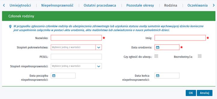 pl w kroku Dane szczegółowe/ Rodzina została dodana informacja tekstowa z ikoną żarówki o treści: "W przypadku zgłaszania członków rodziny do ubezpieczenia zdrowotnego lub uzyskania statusu osoby