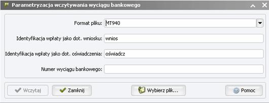 Okno pozwala na ustawienie parametrów potrzebnych do wykonania procesu wczytania wyciągu bankowego zawierającego operacje wpłat dotyczących składanych wniosków o wydanie zezwoleń na pracę