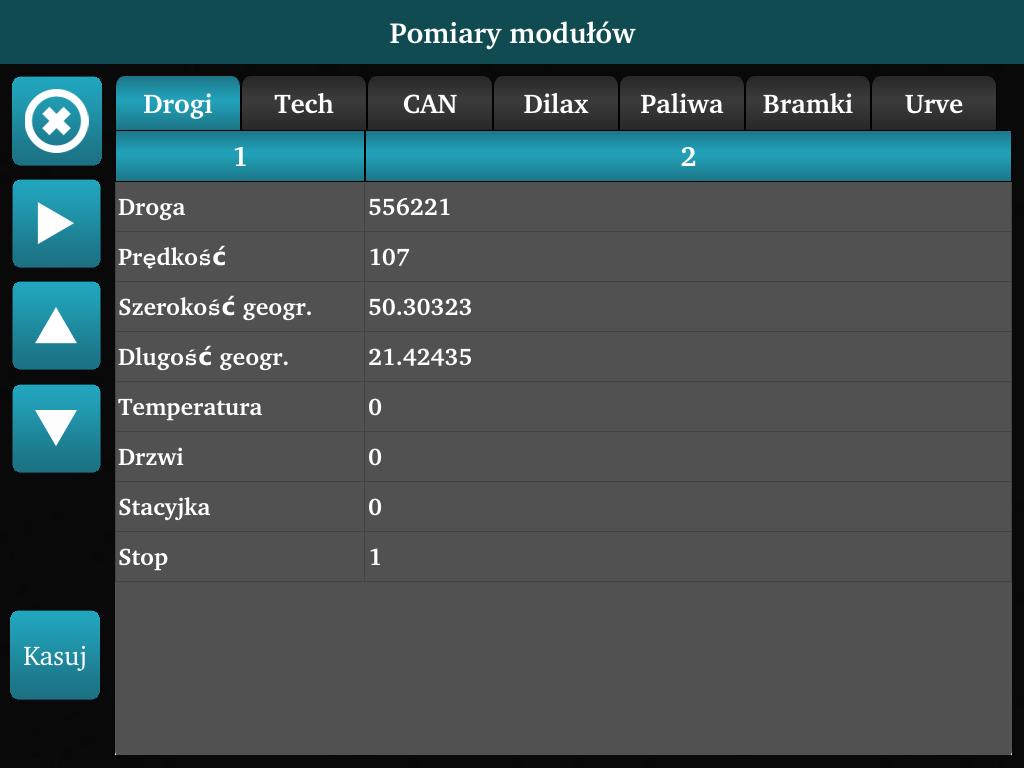 5.3 Wyślij SMS 5.4 Pomiary Po wybraniu opcji Pomiary wyświetlane są wszelkie parametry oraz informacje na temat modułów: Drogi, Techniczny, CAN, Dilax, Paliwa, Bramki oraz systemu reklamowego Urve.