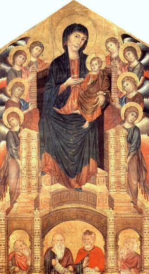 Cimabue malował obrazy ołtarzowe temperą na desce, ale również tworzył freski, których dziennie wykonywana partia, mimo wielu niekiedy wybitnych współpracowników, była na tyle duża, że musiał łączyć