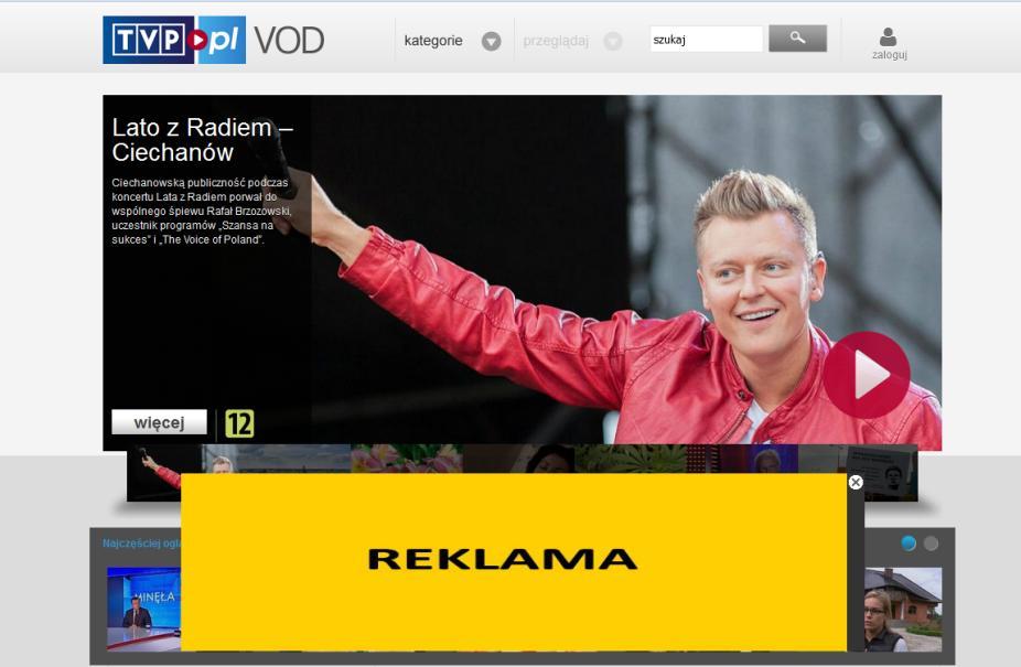 14.Rollband Reklama w formie billboardu (750x100; 750x200; ) Reklama emituje się na stronach na półprzezroczystym pasku przyklejonym do dolnej krawędzi strony TVP podążająca za użytkownikiem podczas