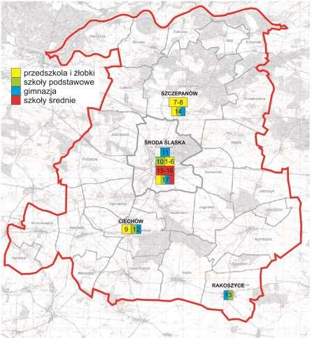 Rysunek 1 Lokalizacja infrastruktury edukacyjnej na terenie gminy źródło: opracowanie własne Gmina w 2014 r. liczyła 3133 osoby w wieku 0-15 lat.