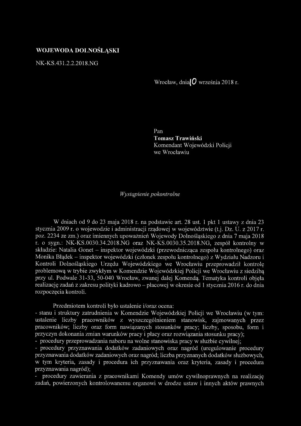 ) oraz imiennych upoważnień Wojewody Dolnośląskiego z dnia 7 maja 2018 