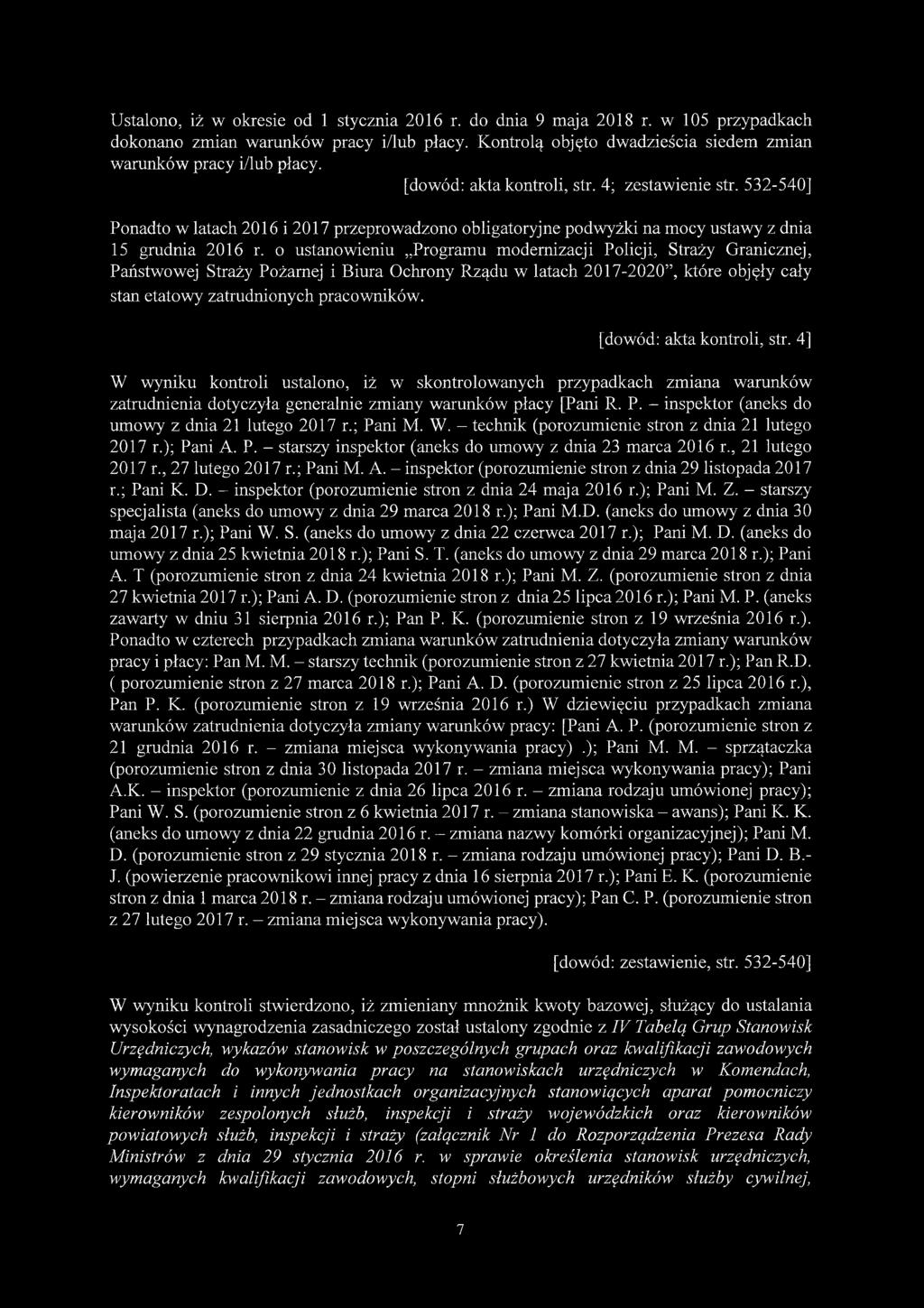 Ustalono, iż w okresie od 1 stycznia 2016 r. do dnia 9 maja 2018 r. w 105 przypadkach dokonano zmian warunków pracy i/lub płacy. Kontrolą objęto dwadzieścia siedem zmian warunków pracy i/lub płacy.