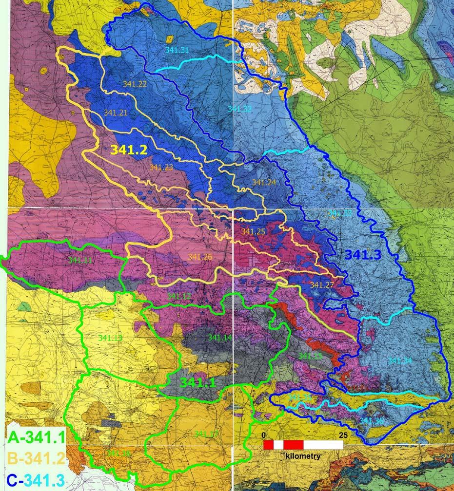 Ryc. 3. Propozycja podziału podprowincji Wyżyny Śląsko-Krakowskiej i makroregionów: A 341.1 Wyżyna Śląska, B 341.2 Wyżyna Woźnicko Zawierciańska, C 341.