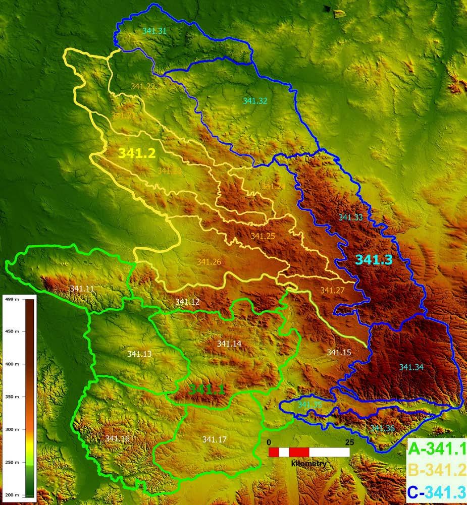 Ryc. 4. Propozycja podziału podprowincji Wyżyny Śląsko-Krakowskiej i makroregionów: A 341.1 Wyżyna Śląska, B 341.2 Wyżyna Woźnicko-Zawierciańska, C 341.3 Wyżyna Krakowsko-Wieluńska.