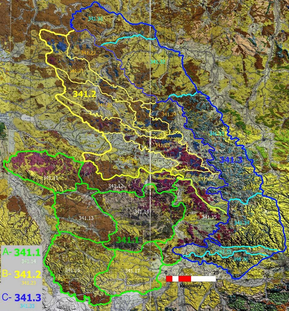 Ryc. 5. Propozycja korekty granic podprowincji Wyżyny Śląsko-Krakowskiej i makroregionów: A 341.1 Wyżyna Śląska, B 341.2 Wyżyna Woźnicko-Zawierciańska, C 341.