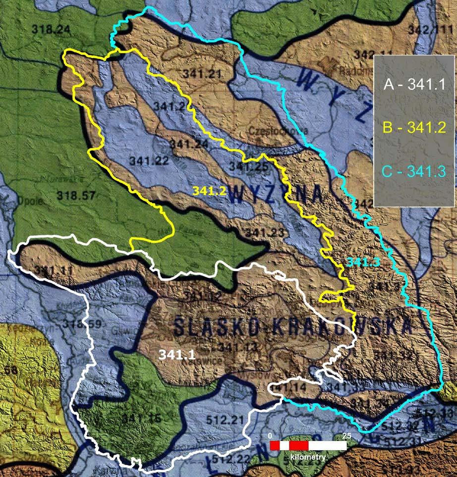 Ryc. 1. Propozycja korekty granic podprowincji Wyżyny Śląsko-Krakowskiej i jej makroregionów: A 341.1 Wyżyna Śląska, B 341.2 Wyżyna Woźnicko Zawierciańska, C 341.