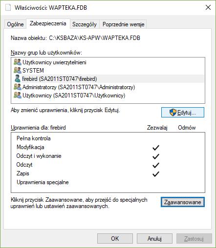 Zabezpieczenia w systemie KS- KS- Rysunek 18 Zmiana uprawnień pliku wapteka.fdb Klikamy prawym przyciskiem myszy na plik wapteka.fdb i wywołujemy okno właściwości a na nim zakładkę zabezpieczenia.
