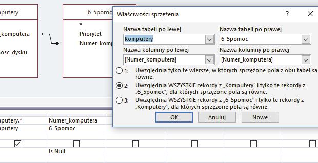 pomocniczej, a następnie dopisano warunek is Null dla pola z kwerendy pomocniczej. (Przykład 13.) Przykład 13. Zapis SQL SELECT Komputery.