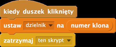 Możemy teraz zmodyfikować nieco poprzedni projekt, tak by klikając kolejno w duszki, których kostiumy są liczbami pierwszymi, mogli zobaczyć