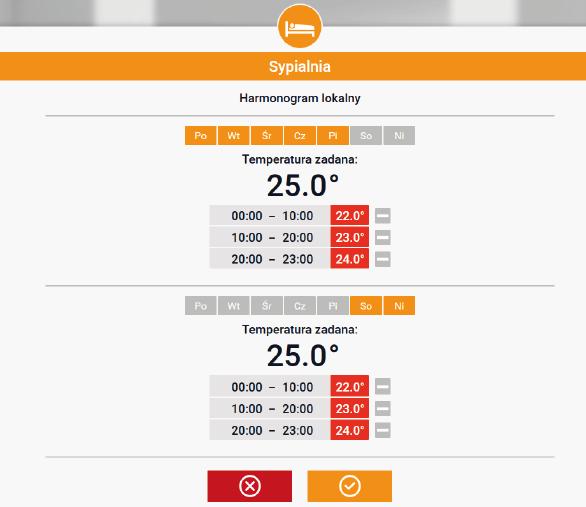 Edycja każdego harmonogramu pozwala na zdefiniowanie dwóch programów ustawień oraz wybór dni, w których programy te będą obowiązywać (np. od poniedziałku do piątku oraz weekend).
