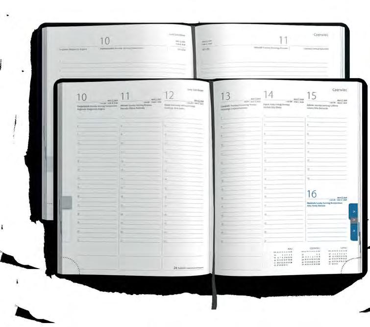 160D) Do wyboru papier biały lub ecru Więcej w tabeli na stronach 44-45 Próbka: Leader 160D, papier ecru Klasyczna linia kalendarzy w szaro-granatowej