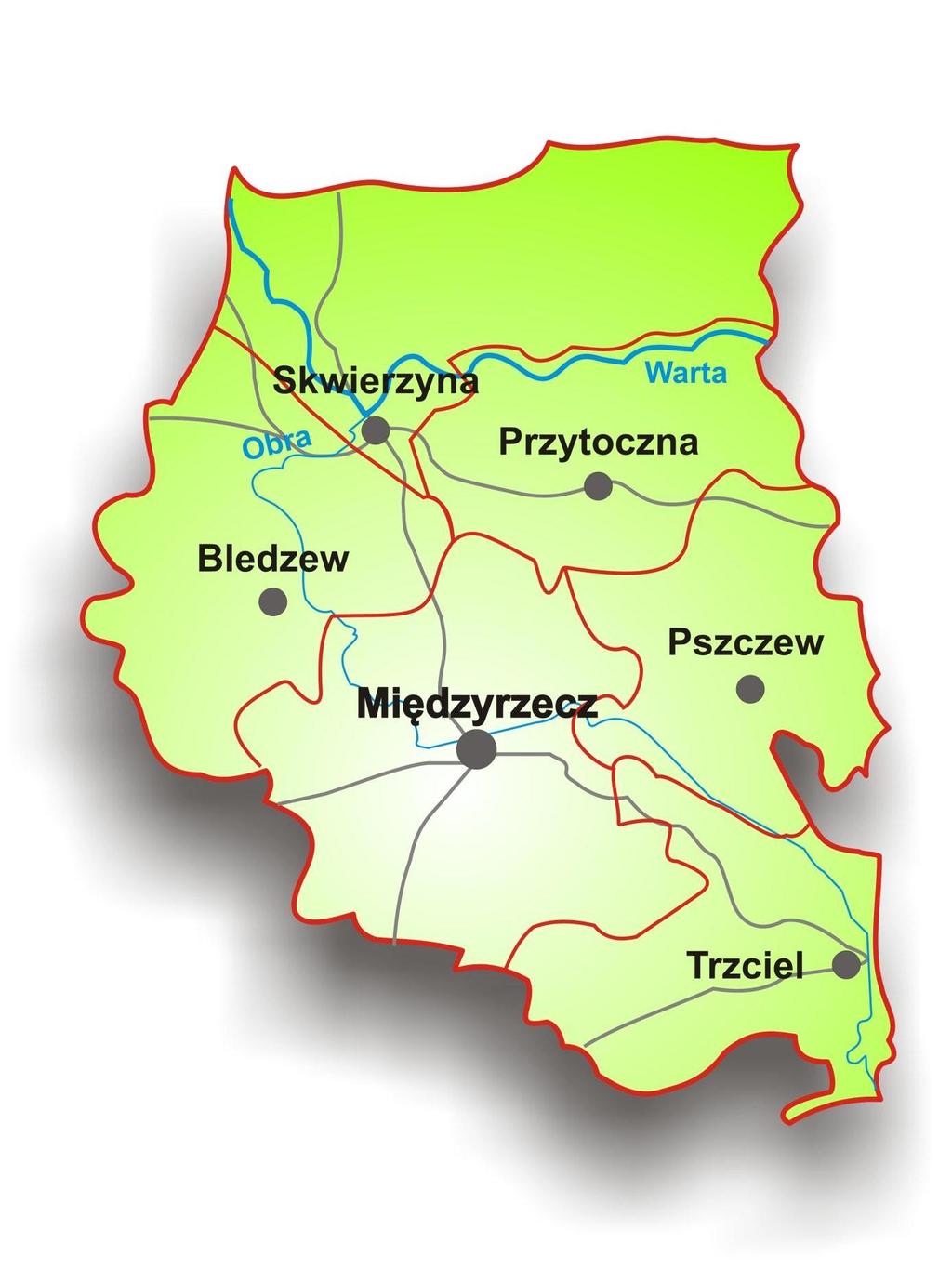 Załącznik nr 1 Mapa Powiatu Międzyrzeckiego utworzonego na podstawie Rozporządzenia Rady Ministrów z dnia 10 sierpnia 1998 r. w sprawie utworzenia powiatów (Dz. U. Nr 103, poz.