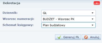 Finanse 19 3. Za pomocą list rozwijalnych wybierz odpowiednie pozycje w polach Dziennik, Wzorzec numeracji i Schemat księgowy. 4. Kliknij przycisk Generuj PK. 5.