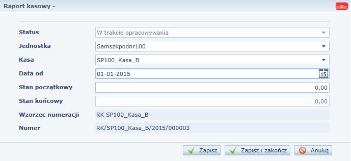 Finanse 35 Ćwiczenie 14. Dodawanie dokumentów kasowych Dodaj przykładowe dokumenty KP i KW. 1. Kliknij w menu kartę Dokumenty źródłowe i wybierz funkcję Raporty kasowe. 2. Kliknij przycisk Dodaj. 3. Wybierz jednostkę oraz kasę skorzystaj z możliwości wyboru z pomocą list rozwijalnych.