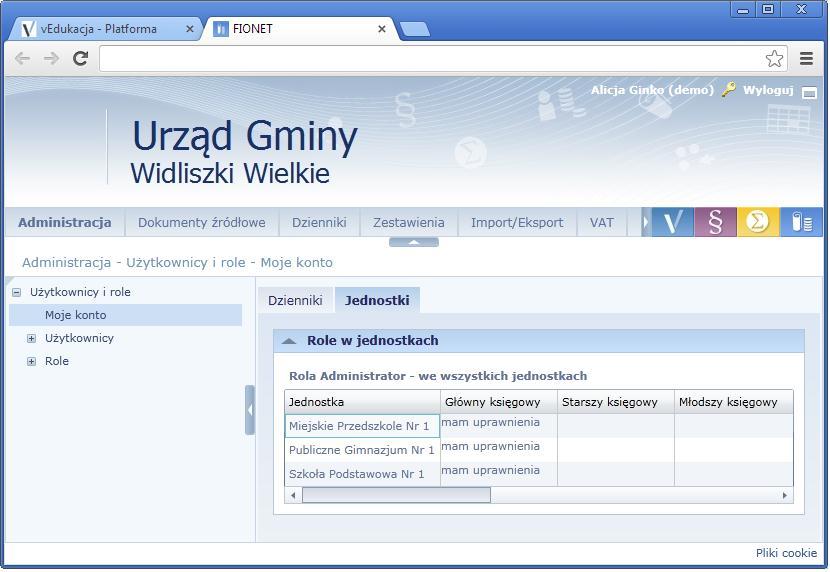 Finanse 9 4. Kliknij pozycję Użytkownicy i role\ Moje konto i zapoznaj się ze swoimi uprawnieniami. 5. Zapoznaj się z budową okna aplikacji w tym widoku.