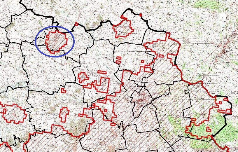 Rys. 12 Obszar przekroczeń rocznej wartości poziomu docelowego stężenia benzo(a)pirenu w pyle PM10 w centralnej i północno-wschodniej części województwa łódzkiego w 2016 r.