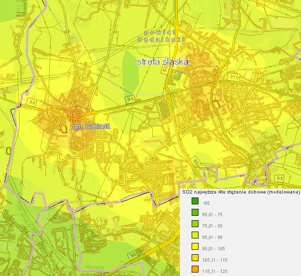 Średnie roczne stężenia pyłu PM10 dla gminy miejskiej Czeladź Mapa 5.