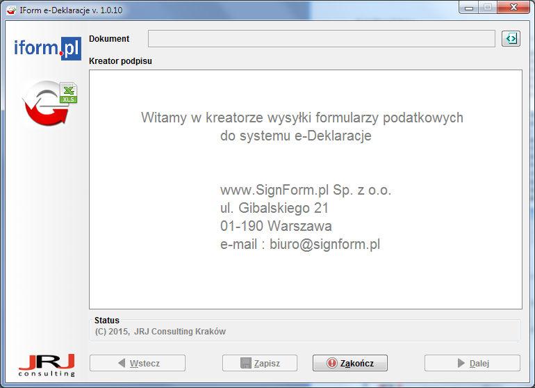 Projekt IForm e-deklaracje Strona 16 Należy sprawdzić, czy wersja programu widoczna na pasku tytułowym głównego oka aplikacji jest zgodna z numerem wersji prezentowanym uprzednio na ekranie