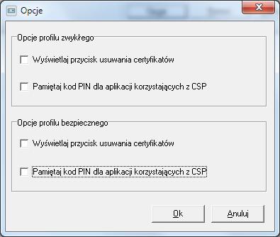 Projekt IForm e-deklaracje Strona 7 dodatkowo przejść do ustawienia opcji programu (przycisk Opcje) oraz wyłączyć opcję Pamiętaj kod PIN dla aplikacji korzystających z CSP dla obu widocznych profili: