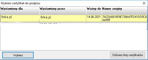 Za pomocą klawisza wybieramy certyfikat zainstalowany w systemie Windows. Zaznaczamy odpowiedni certyfikat i klikamy przycisk Wybierz.