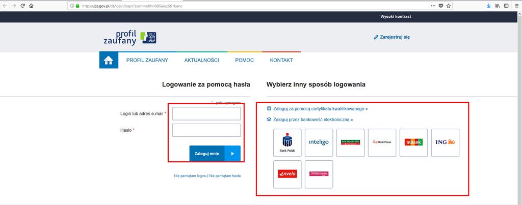 Klikamy w link, który przenosi nas do strony Profilu Zaufanego Możemy zalogować