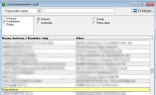 Program wyświetli listę kontrahentów z podświetlonym kontrahentem