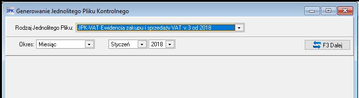 Po wybraniu przycisku otrzymamy okno z parametrami generowania JPK. Po wybraniu odpowiednich parametrów wybieramy przycisk.