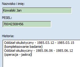 4.3. Dokumentacja medyczna opis uzupełniający. Uwaga!!! brak uprawnienia: dokumentacja osobowa (RODO) uniemożliwia prowadzenie ewidencji dla tego rodzaju dokumentacji; W zakładce DANE O PACJENCIE (rys.