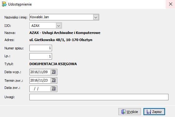 6. Udostępnianie dokumentacji. Moduł udostępniania i zwrotu akt (rys. 46), wywoływanym jest przyciskiem <Udostępnianie dokumentacji> umieszczonym w panelu głównym. Rys.