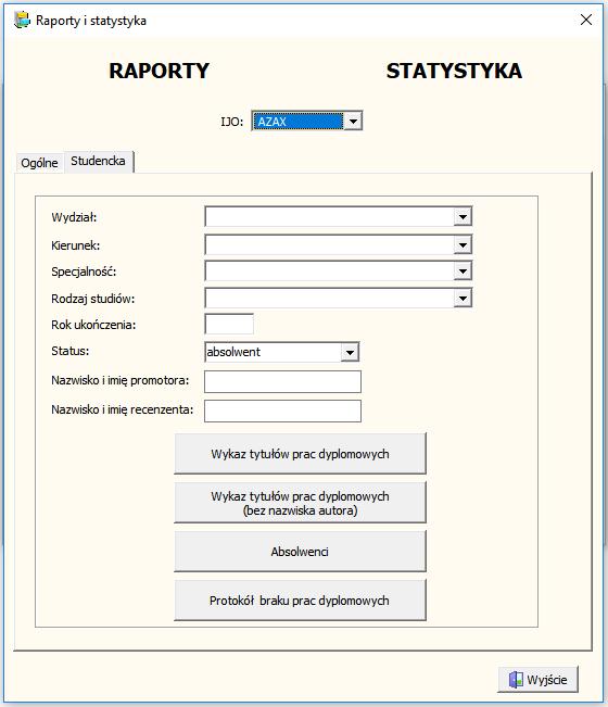 poszczególnych rodzajów dokumentacji, a także zestawień zbiorczych (statystycznych). Po wybraniu znajdującego się w panelu głównym przycisku <Raporty / Statystyka> w formularzu (rys.