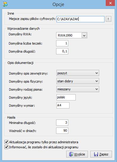 f) wpisanie parametrów domyślnych takich jak metraż półek, Rzeczowy Wykaz Akt itp.; Kolejną czynnością dostępną przy konfiguracji program, jest ustawienie parametrów domyślnych aplikacji m.in.