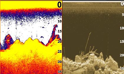 Ekrany Combo Urządzenie posiada dwa wstępnie skonfigurowane ekrany combo: Sonar/Downscan Poziome Sonar/ Downscan