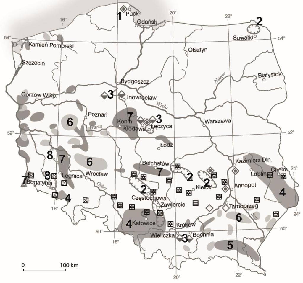 Zad. 13. Uzupełnij tabelę wpisując nazwy surowców mineralnych występujących w złożach zaznaczonych numerami na mapie. 0-4 pkt.