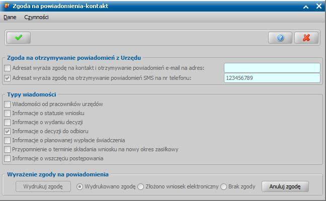 dla zdarzenia Zatwierdzenie decyzji musi być włączone wysyłanie powiadomienia (w oknie Konfiguracja powiadomień ma zaznaczoną opcję w kolumnie Wysyłanie SMS ).