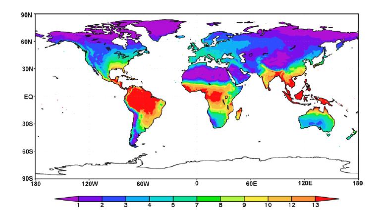 Oszacowana zmienność geograficzna tempa dekompozycji ściółki liściowej. Wartość 1.0: dla temp 0 o C i wilgotności nielimitującej. Estimated geographic variations in the leaf litter decomposition rate.