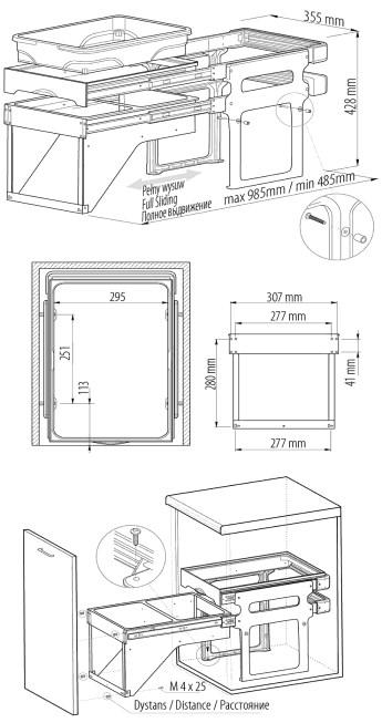 Kosz GTV Unito do szafki 600 Do szuflad o długości L=500 mm oraz L=450 mm (po przycięciu), materiał plastik, występuje także w wariancie z