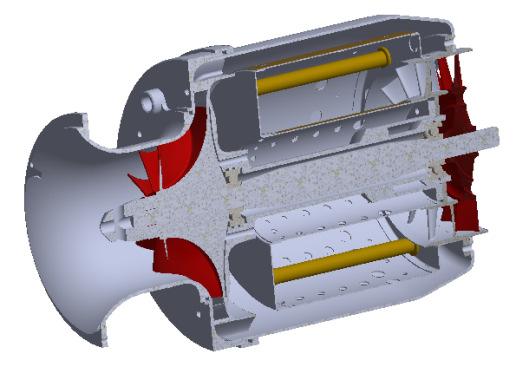 Badania numeryczne spalania paliwa lotniczego w silniku turbinowym GTM-140 3 Model geometryczny, dyskretyzacja Model przepływowy został utworzony w programie INVENTOR rysunek 3.