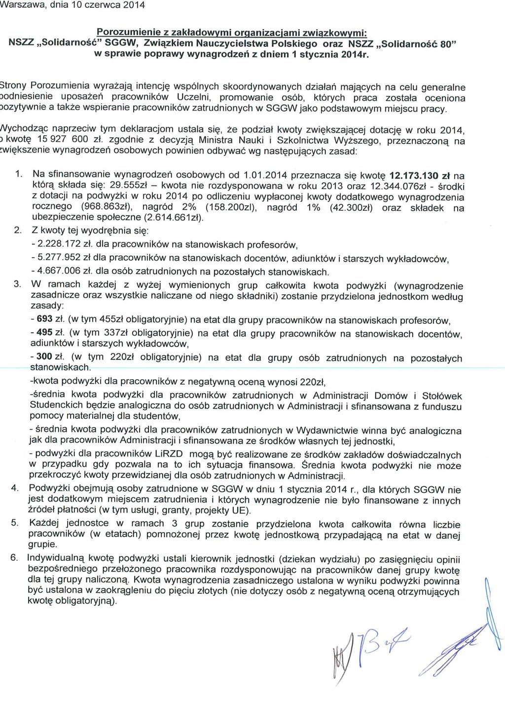 organizacjami związkowymi: NSZZ Solidarność SGGW, ZNP