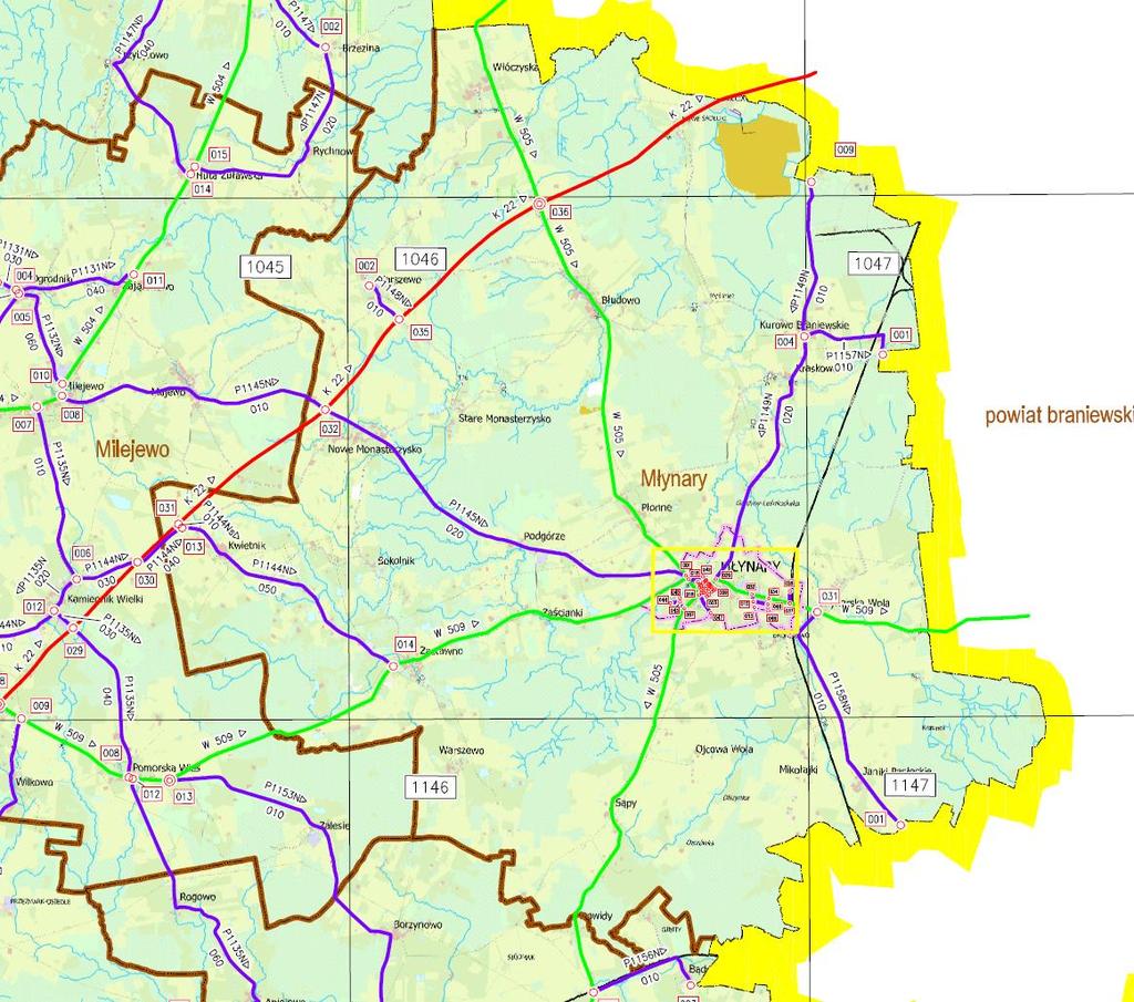 107021N długość odcinka 3,554 km, 107022N długość odcinka 4,453 km, 107023N długość odcinka 1,168 km, 107501N długość odcinka 0,466 km, 107502N długość odcinka 0,652 km, 107503N długość odcinka 0,102