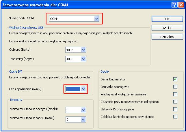 portu i nacisnąć przycisk Zaawansowane... Rysunek 4: Ustawienia zaawansowane portu USB<>COM W okienku (Rysunek 6) należy wybrać numer portu COM na którym będzie pracował interfejs.