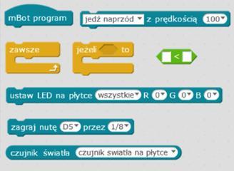 Budowa programu podstawowego 25 minut Cel: zaprogramowanie robota, który zaparkuje w garażu: będzie jechał, a gdy czujnik wykryje ciemność, zasygnalizuje to dźwiękiem, zatrzyma się i zapali światła.