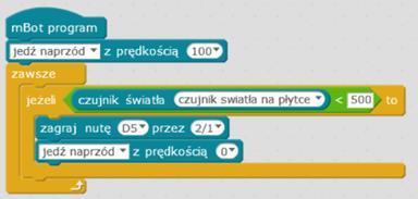 Program może wyglądać tak, jak na ilustracji poniżej: Po ułożeniu klocków uczniowie wgrywają program do robota i weryfikują, czy działa poprawnie robot jedzie naprzód, w zaciemnieniu (np.