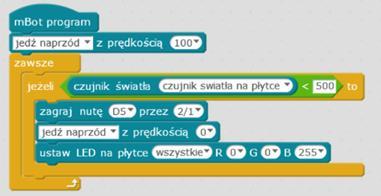 Po ułożeniu klocków uczniowie wgrywają program do robota i weryfikują, czy działa poprawnie, zgodnie z założeniami.