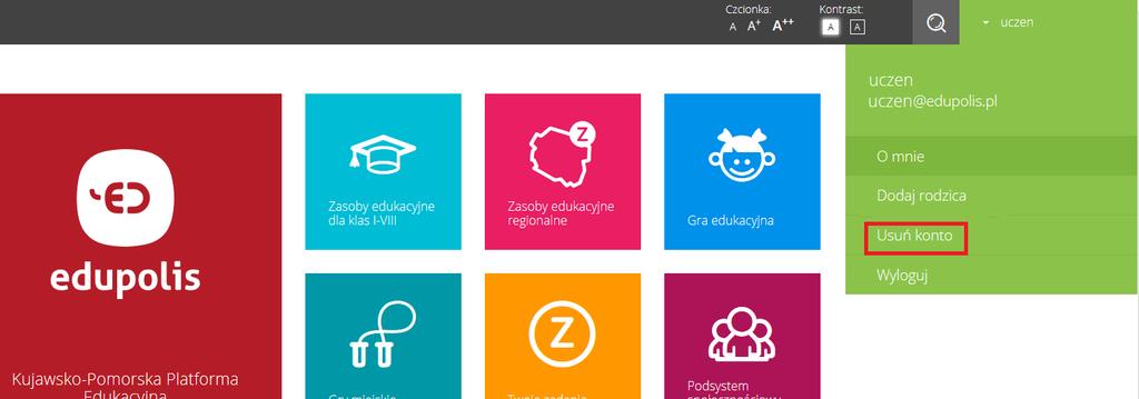 5. Usuwanie konta Aby usunąć swoje konto z Kujawsko-Pomorskiej Platformy Edukacyjnej, należy zalogować się na stronie http://didactus.edupolis.pl/.