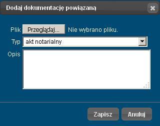 Z rozwijalnego menu mamy możliwość wyboru typu załączanej dokumentacji tj: akty notarialne, mapy zasadnicze, pliki dgn, dwg i inne.